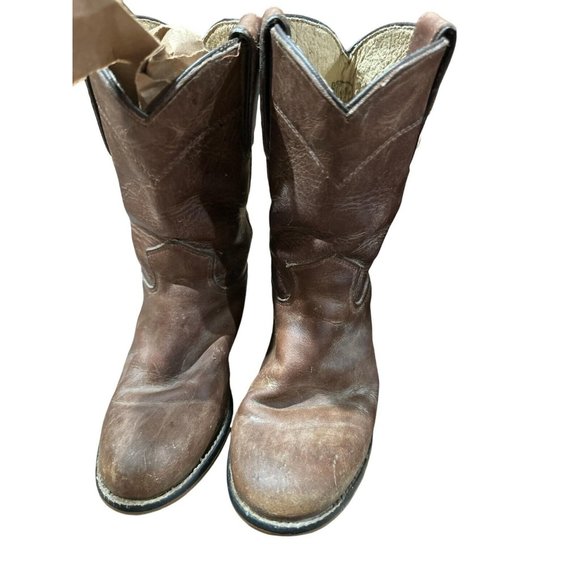 Justin Youth Roper Western Boots Brown Leather Unisex Broke In Size 9 1/2 D - Picture 3 of 6